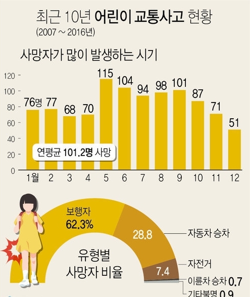 한해 평균 어린이 101명 교통사고로 사망…보행 중 사망이 62%