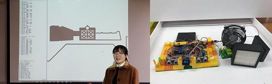 파이썬을 활용해 학교 전경을 그린 이보림 학생과 전해찬 군이 만든 자동회전 선풍기. 둔촌고 제공